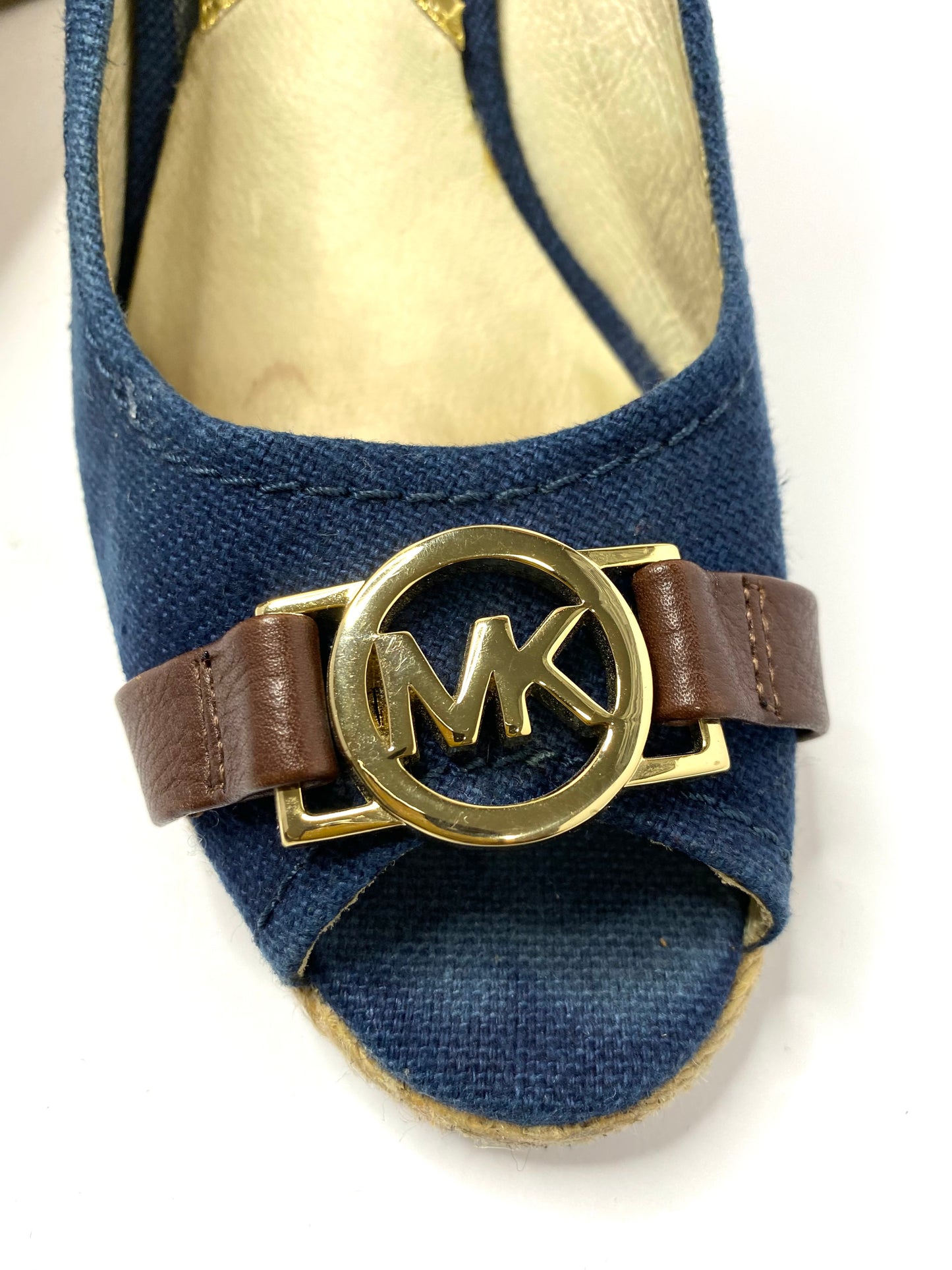 Michael Kors Denim Open Toe Wedge Pumps – Size 7.5 – Jute Heel – Brown Leather Trim – MK Logo
