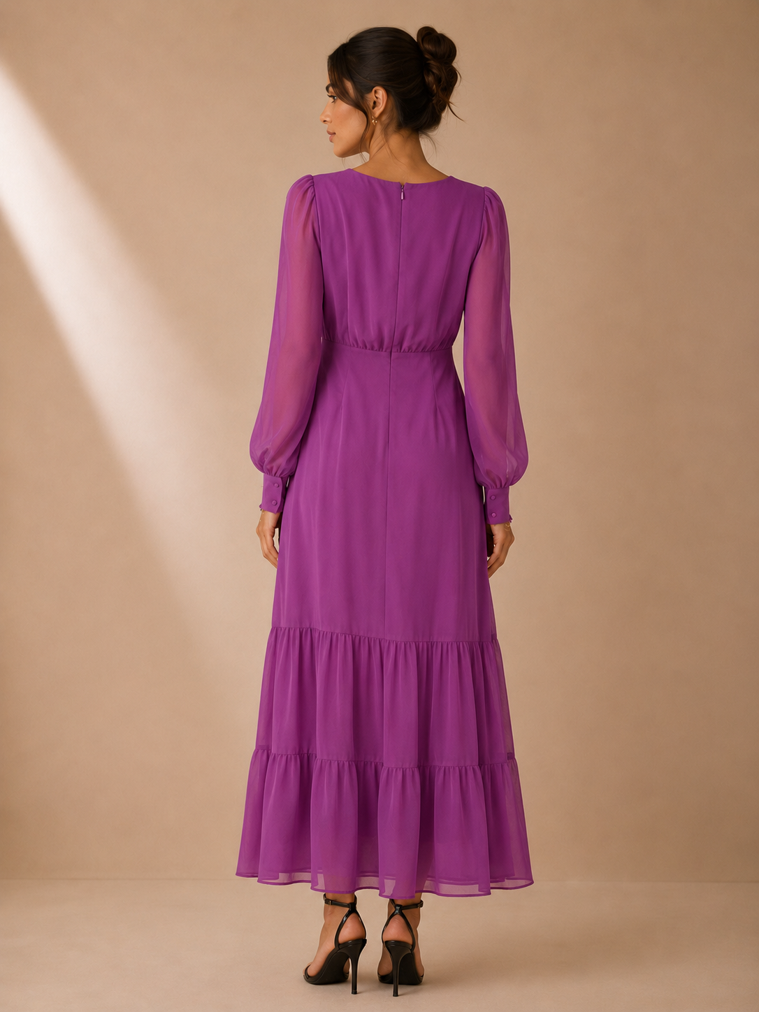 Bar III Magenta Tiered Chiffon Midi Dress Size Small Long Sleeve V-Neck Occasion Dress
