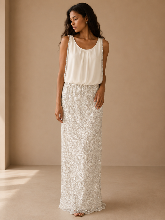 Aidan Mattox Ivory Beaded Lace Maxi Dress Size 0 Elegant Sleeveless Formal Gown