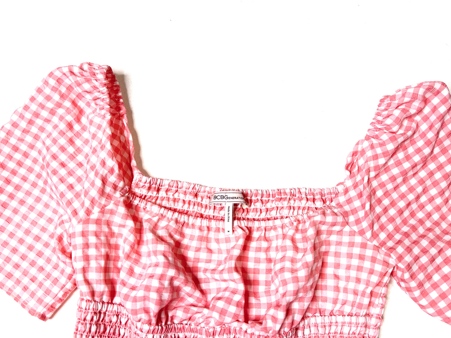 BCBGeneration Pink Gingham Smocked Crop Top Puff Sleeve Women’s Size M