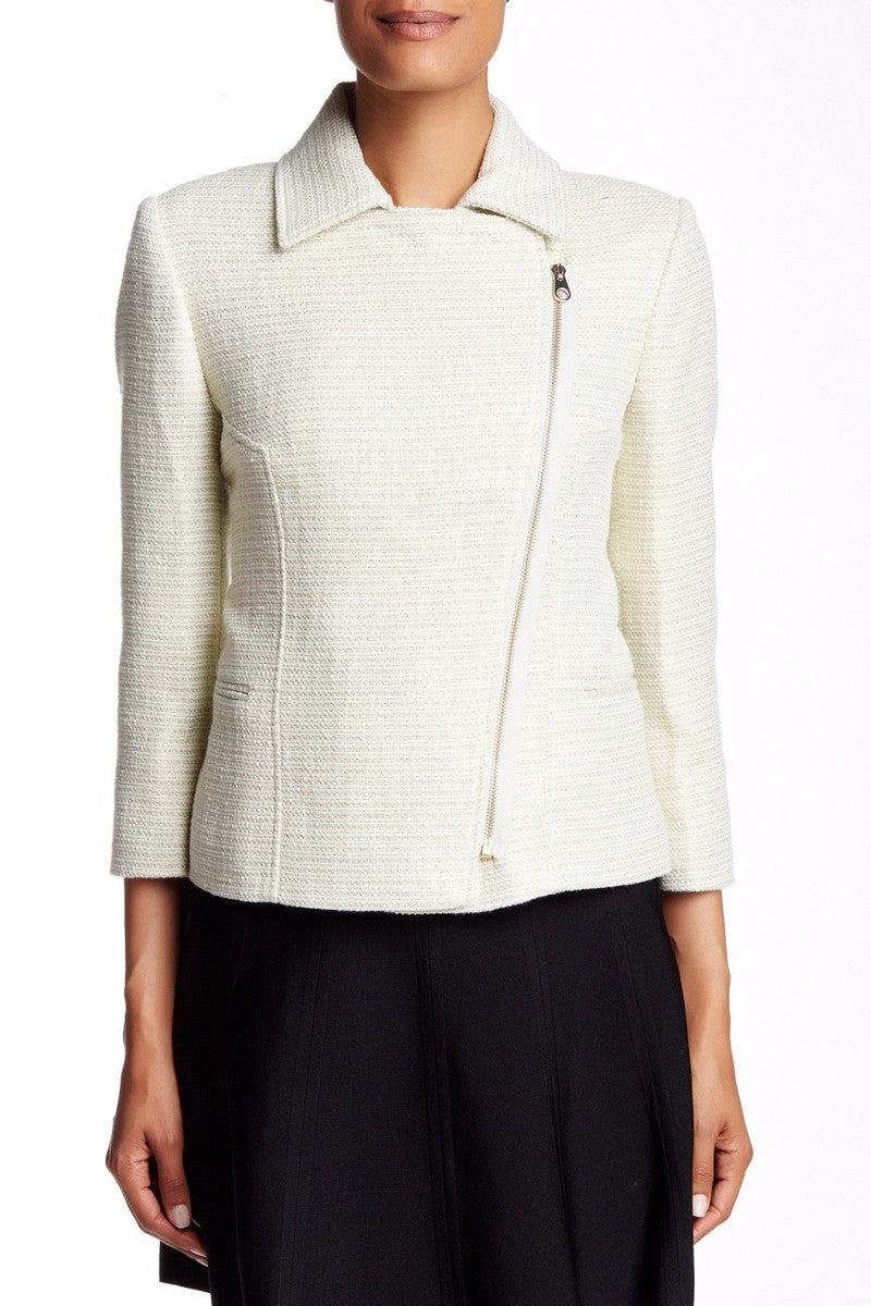 Ted Baker London Pale Green Metallic Gold Tweed Moto Jacket Size