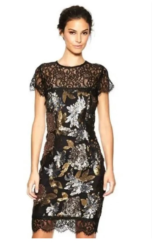 Nicole Miller Black and Gold Sequin Cocktail Dress Size 8