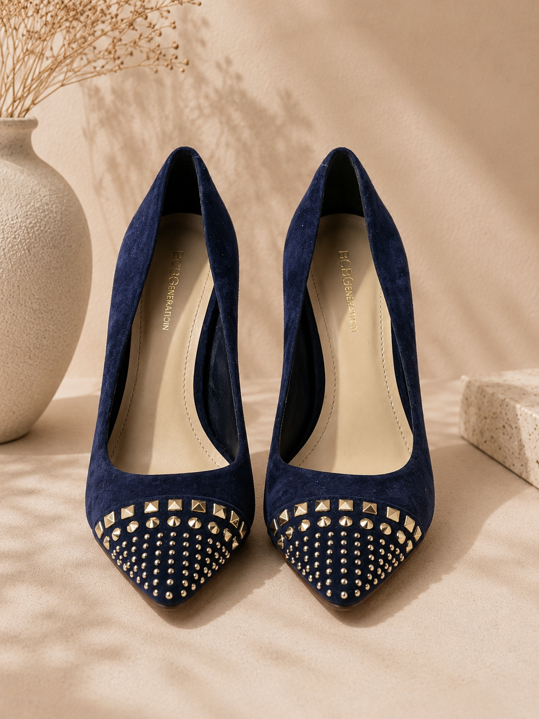 BCBGMaxAzria Navy Suede Gold  Studded Heels Size 9.5