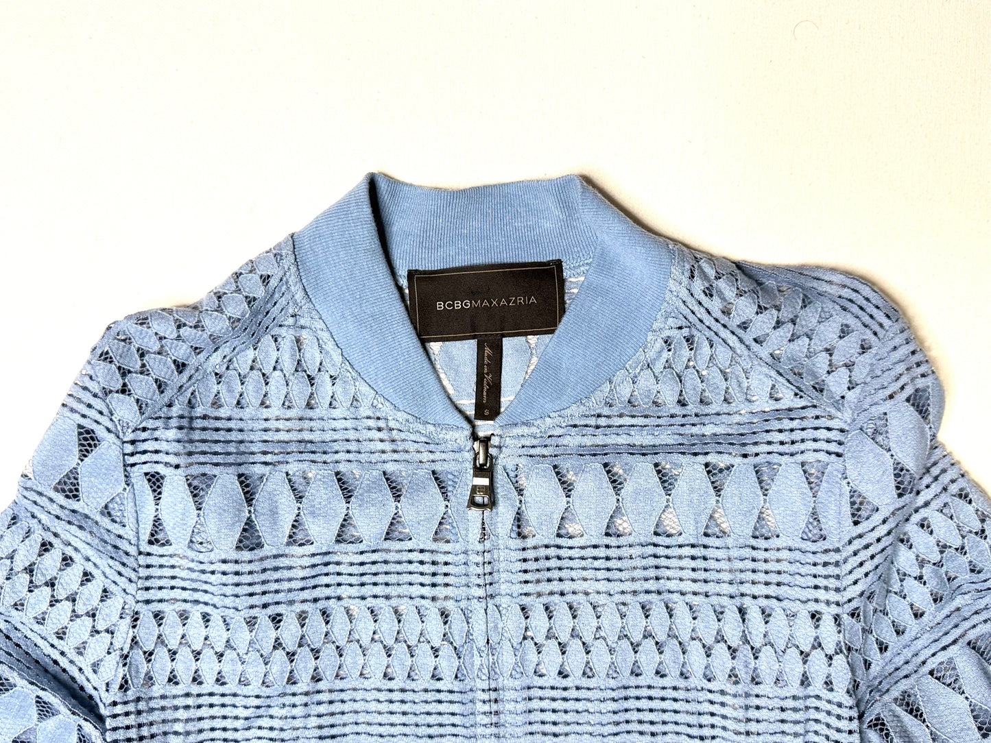 BCBG Max Azria Blue Crochet Lace Bomber Jacket Women’s S Lightweight Zip Up Sheer Textured Jacket
