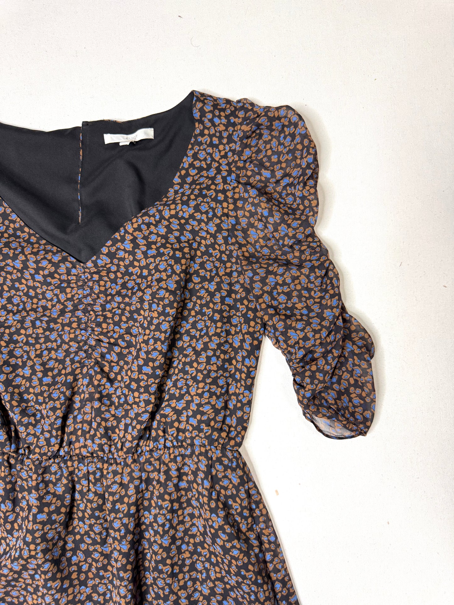 Eliot 100% Silk Brown Blue Leopard Print Puff Sleeve Ruched Mini Dress Size 2
