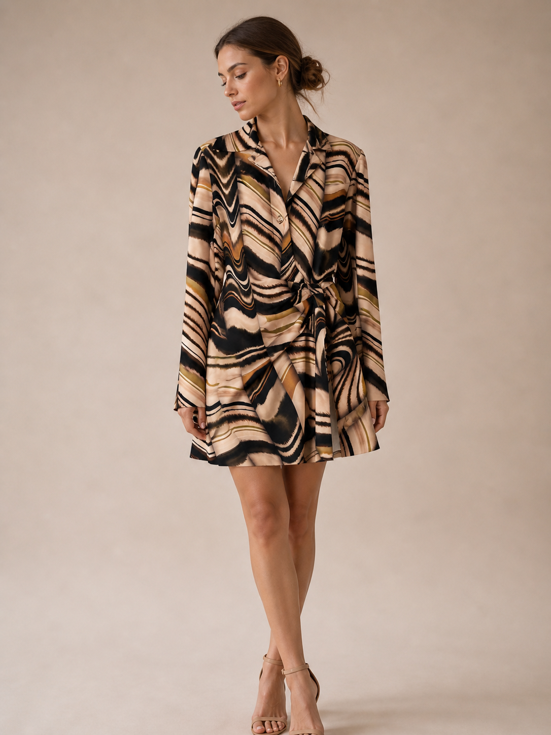 Zara Multicolor Black & Brown Swirl Faux-Wrap Abstract Mini Dress Size Medium