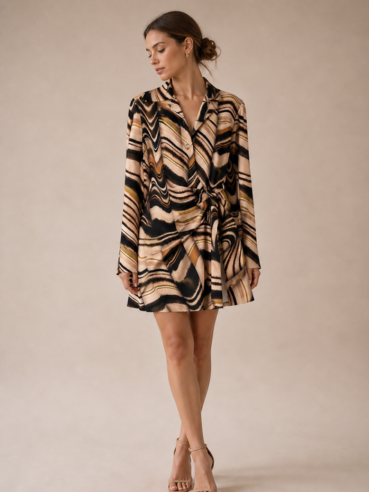 Zara Multicolor Black & Brown Swirl Faux-Wrap Abstract Mini Dress Size Medium
