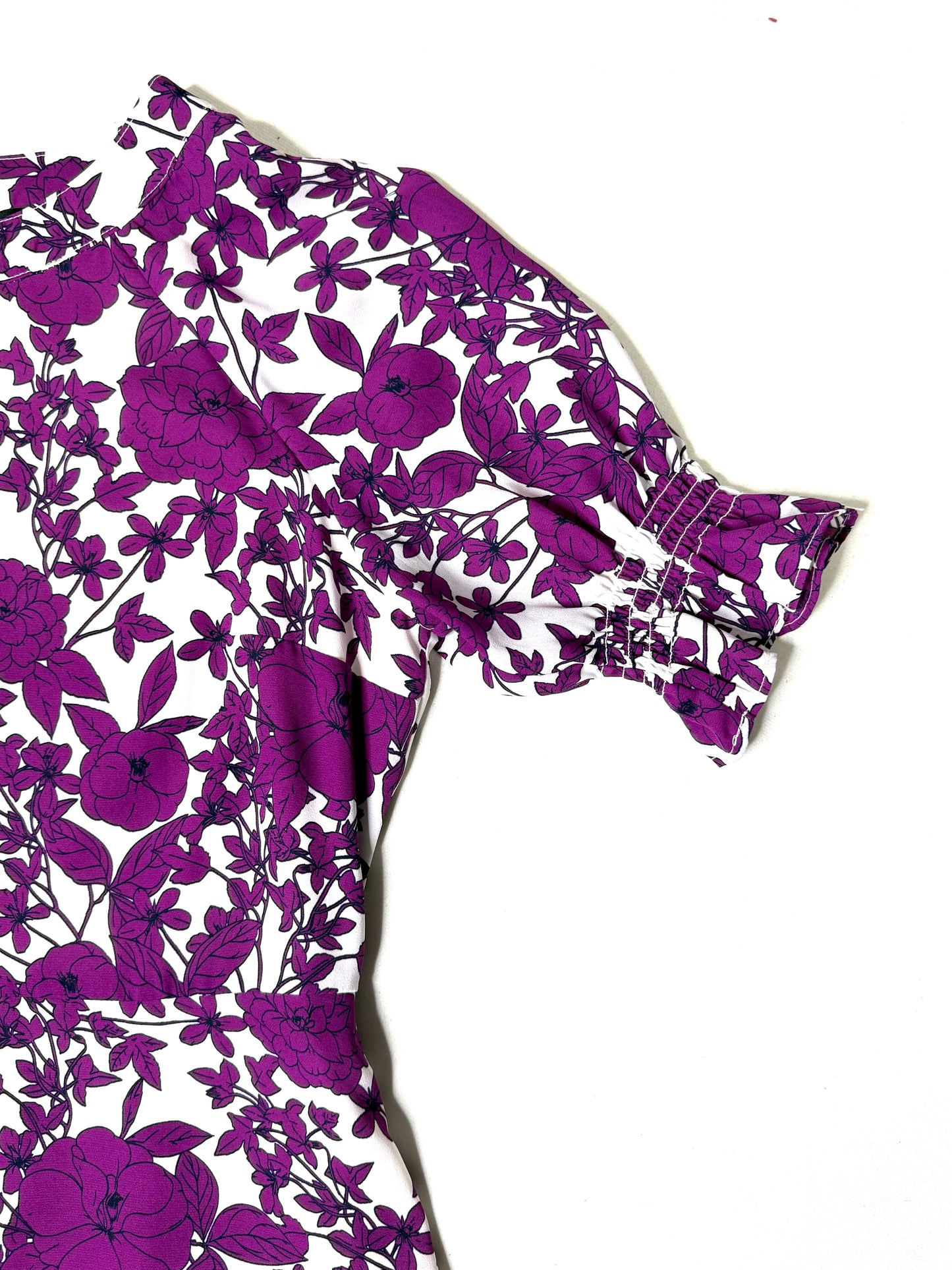 Banana Republic Floral Dress Purple & White Fit & Flare Smocked Sleeves Size 2