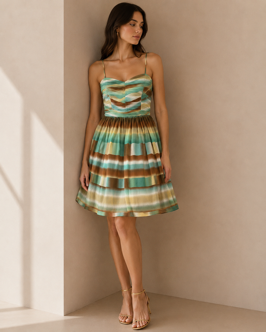 BCBG Green and Brown 100% Silk Pleated Sundress