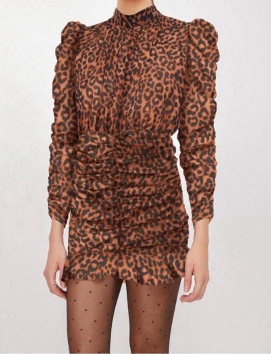 Generation Love LAVIA Speckled Leopard Ruched Mini Dress – Size XS, Long Sleeve,