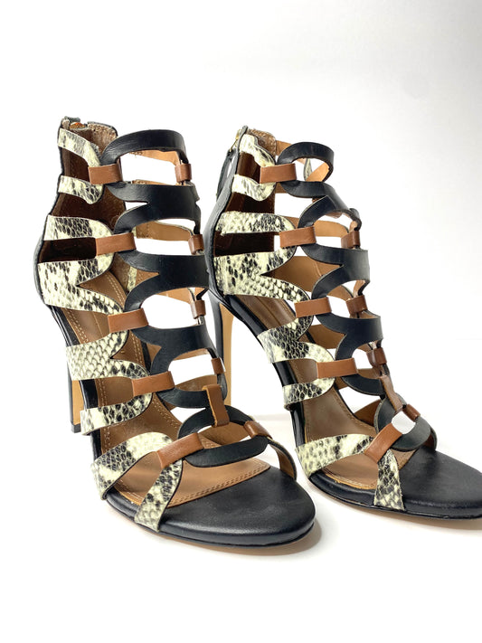 BCBG Snake Print Cage Leather Heels – Size 7.5 – 4” Cut-Out Stiletto Sandals