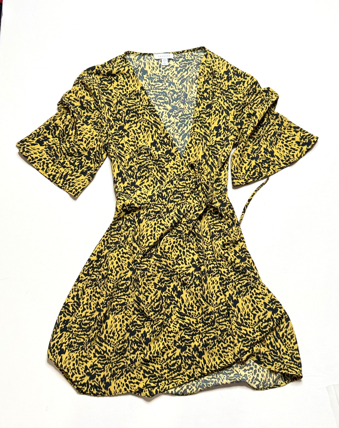 Topshop Animal Print Wrap Midi Dress – Size 6, Bell Sleeves, Tie Waist, Boho