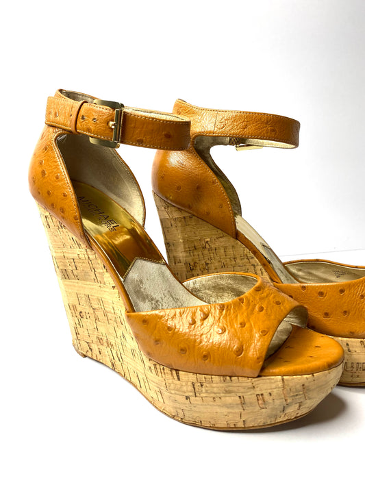 Michael Kors Camel Leather Wedge Sandals – Size 8