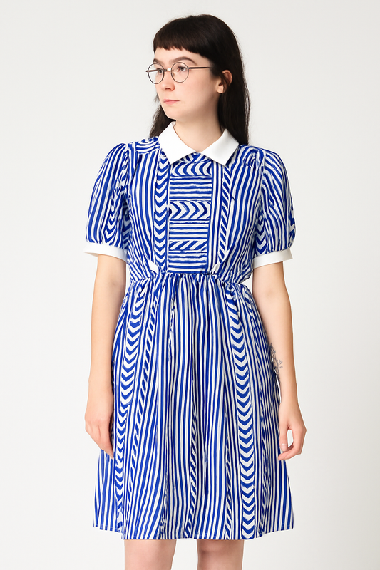 Vintage 1970s Blue & White Op Art Striped Midi Dress – Puff Sleeve Collared Shirt Dress Size 14