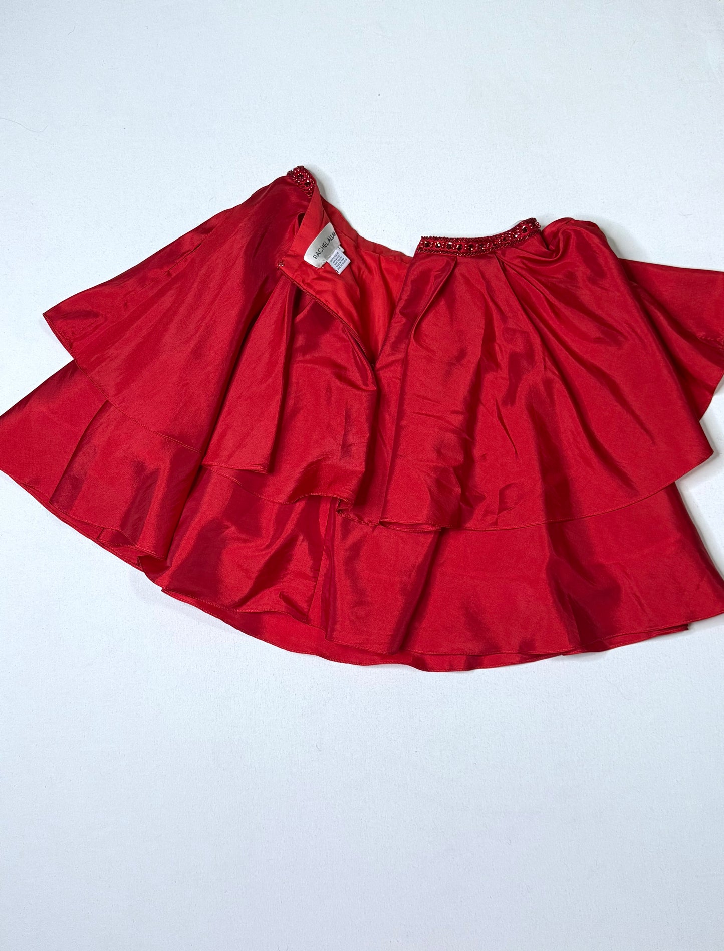 Rachel Allan Red Satin Ruffle Skirt Beaded Waist Formal Prom Party Mini Skirt Size 4