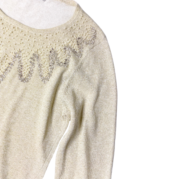 Carducci Hand-Beaded & Pearl Embellished Sweater – Cream & Metallic Gold