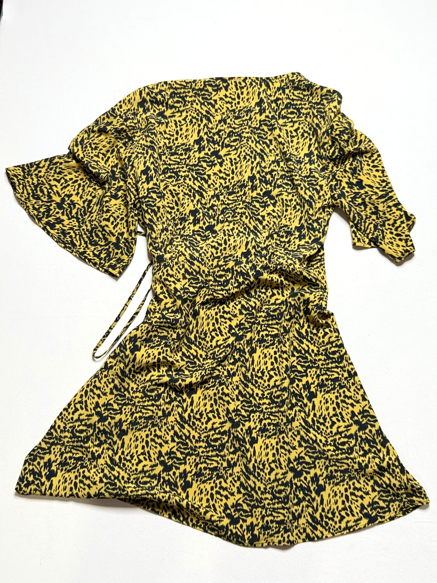 Topshop Animal Print Wrap Midi Dress – Size 6, Bell Sleeves, Tie Waist, Boho