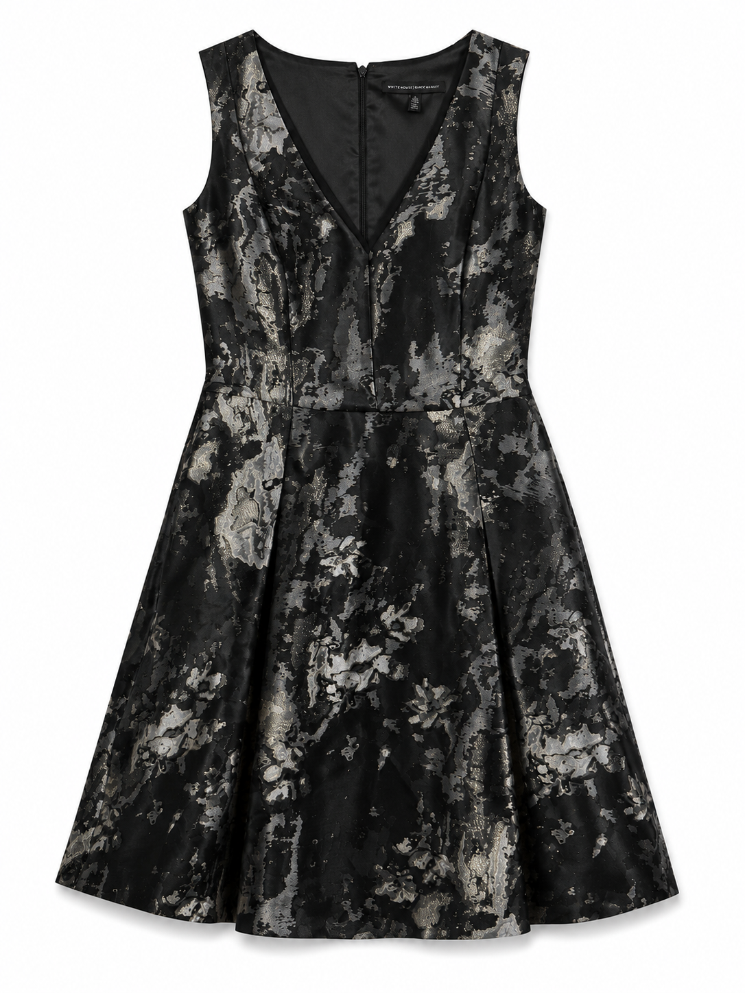 White House Black Market Black Metallic Jacquard Fit & Flare Dress Size 10 Petite NWT Cocktail Party Dress
