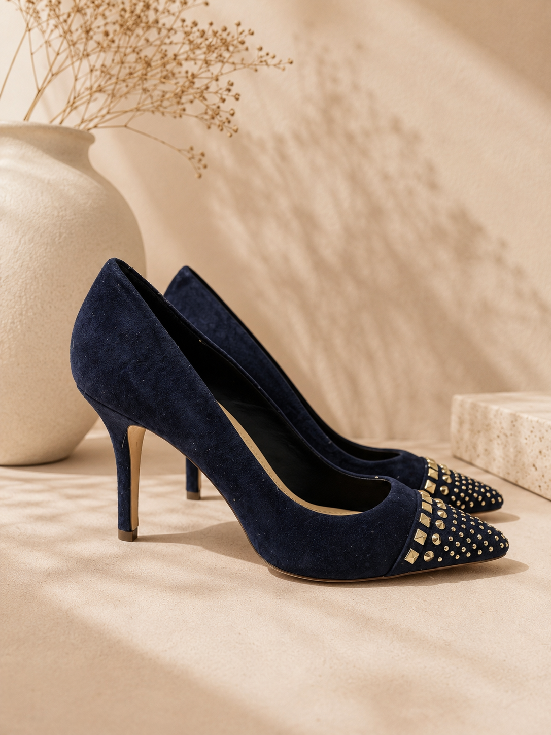 BCBGMaxAzria Navy Suede Gold  Studded Heels Size 9.5