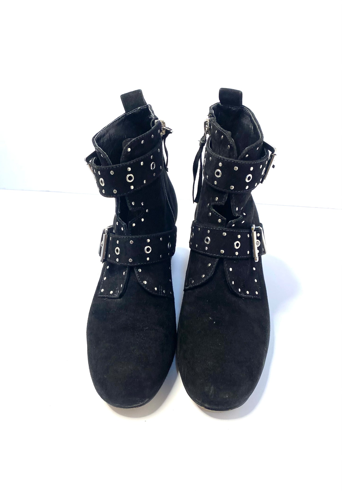 R ebecca Minkoff Black Suede Ankle Boots – Size 8.5 – Silver Buckles