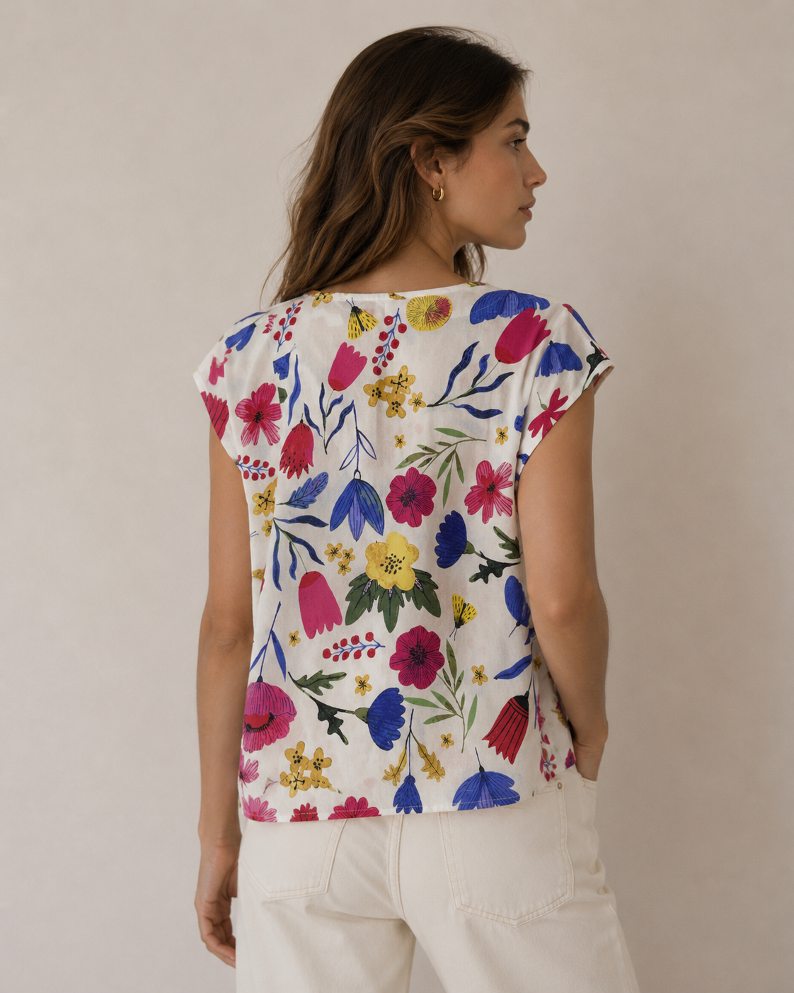 Rachel Roy Multicolor Floral Linen Blend V-Neck Top Size Large