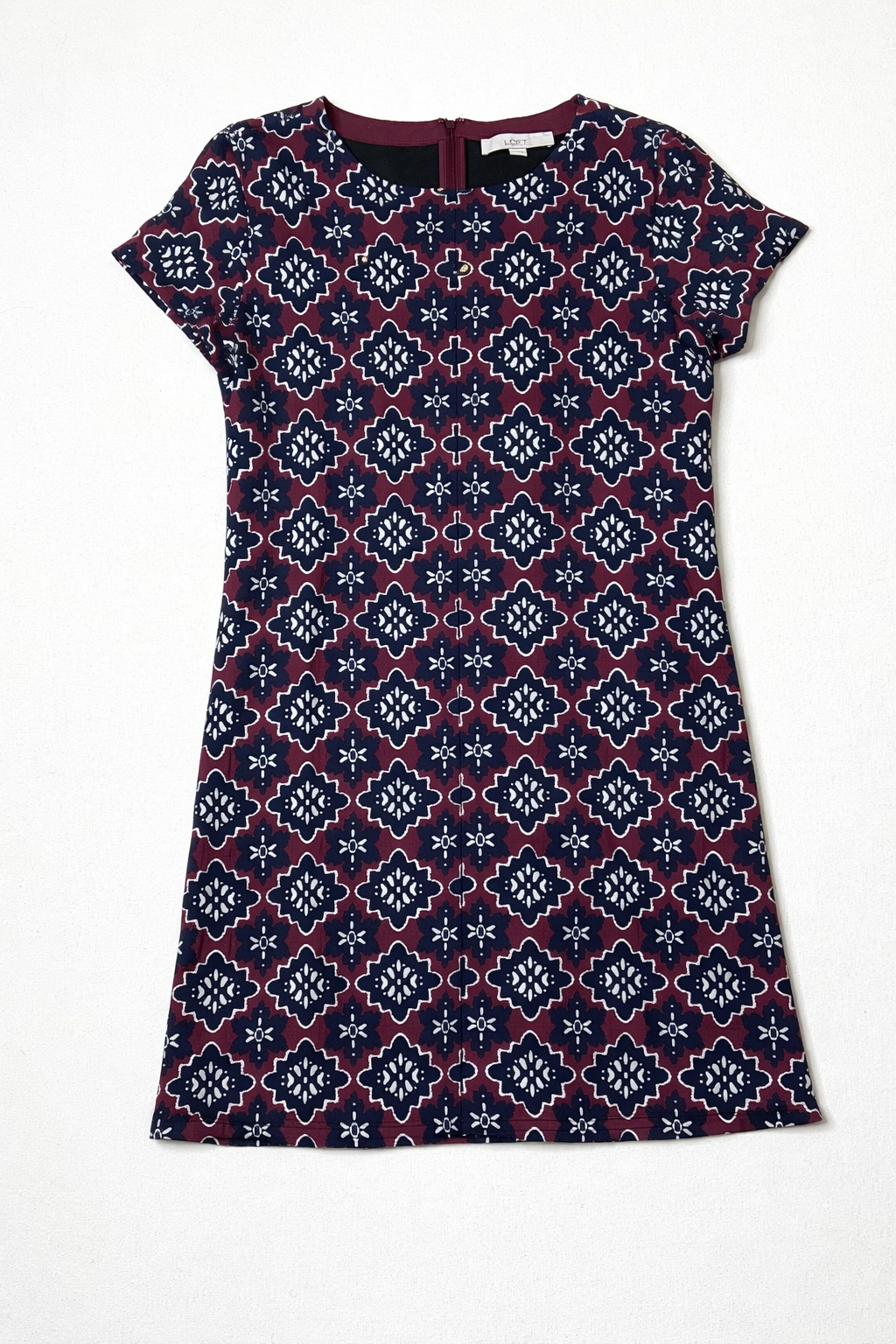 LOFT Burgundy & Navy Medallion Print Shift Dress Size 10