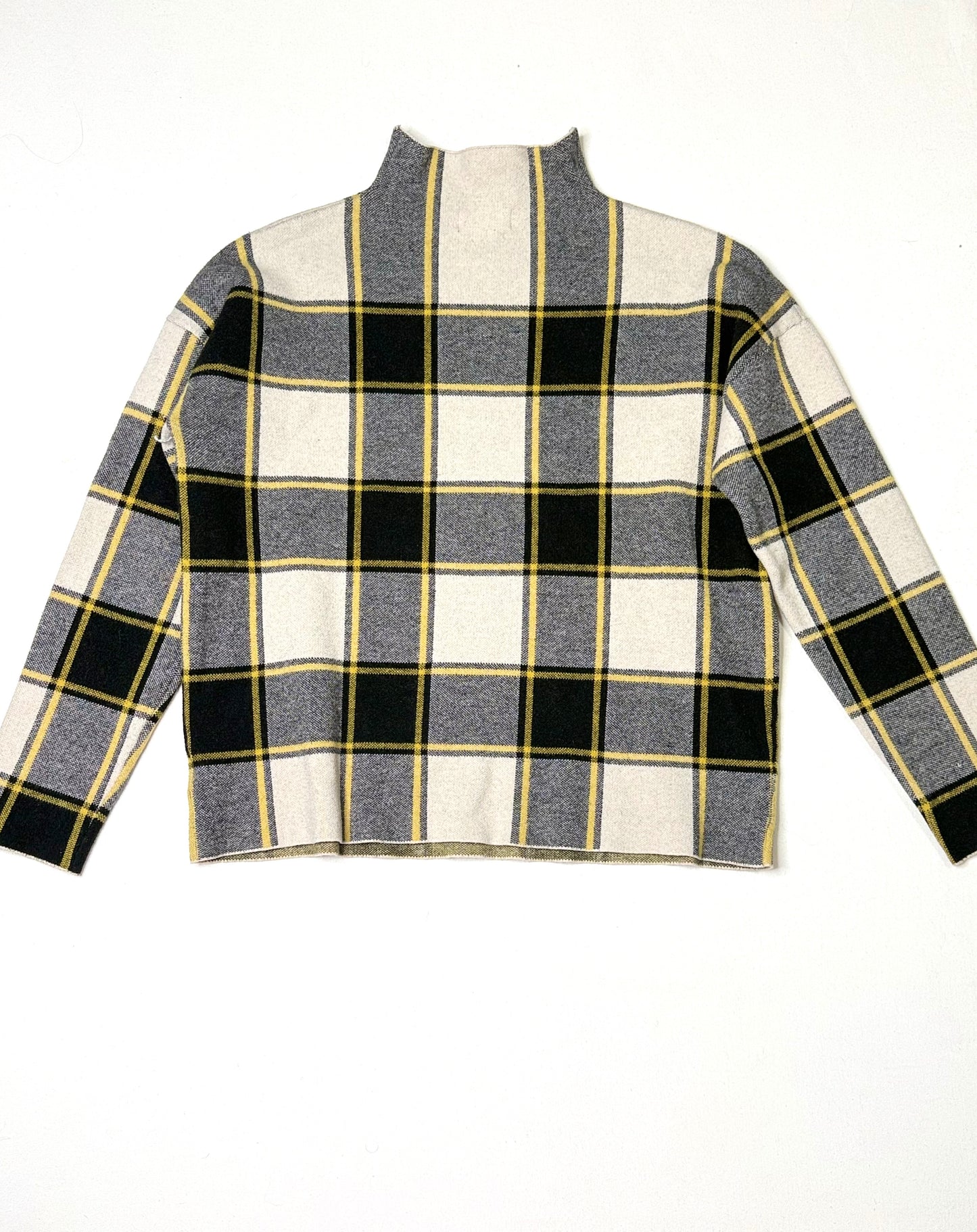 Rachel Zoe Plaid Knit Cardigan Sweater Black Gray Yellow Open Front Women XL