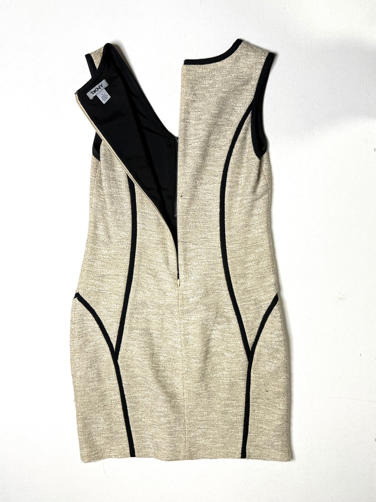 DKNY Women’s Size 4 Cream & Black Contrast Trim Sheath Bodycon Dress Zip Front