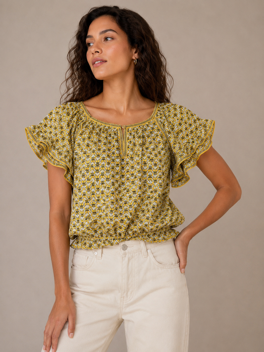 Max Studio Yellow Floral Ruffle Sleeve Top -Smocked Hem Size Large