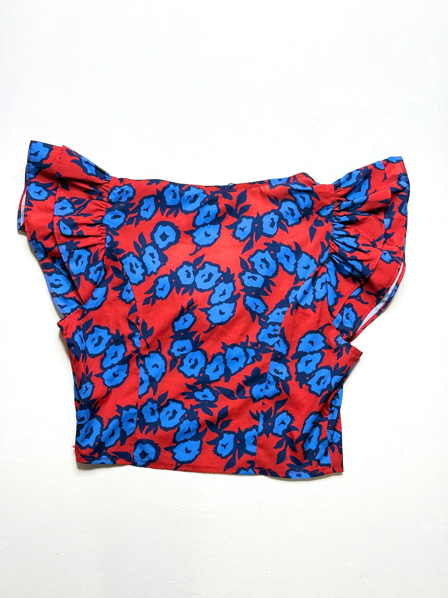 Sugar Lips Mira Mar Floral Ruffle Shoulder Crop Top – Red/Blue, Size S, NWT