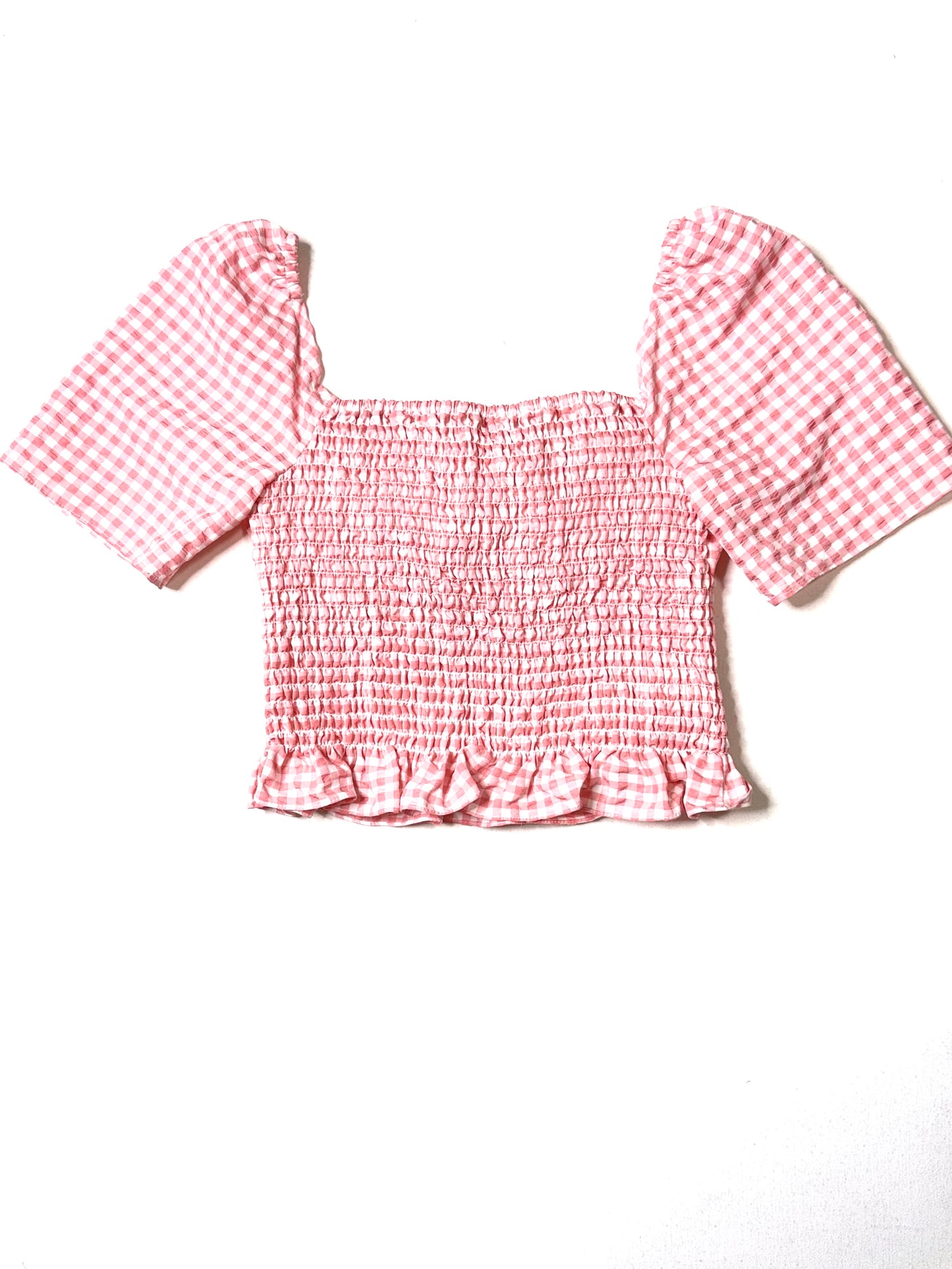 BCBGeneration Pink Gingham Smocked Crop Top Puff Sleeve Women’s Size M