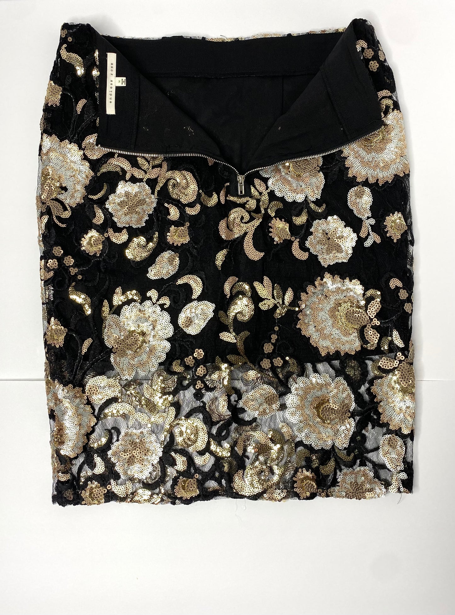 Endless Rose Gold Sequin Mesh Skirt Size M | Floral Pattern | Lined Party Skirt 100% Polyester