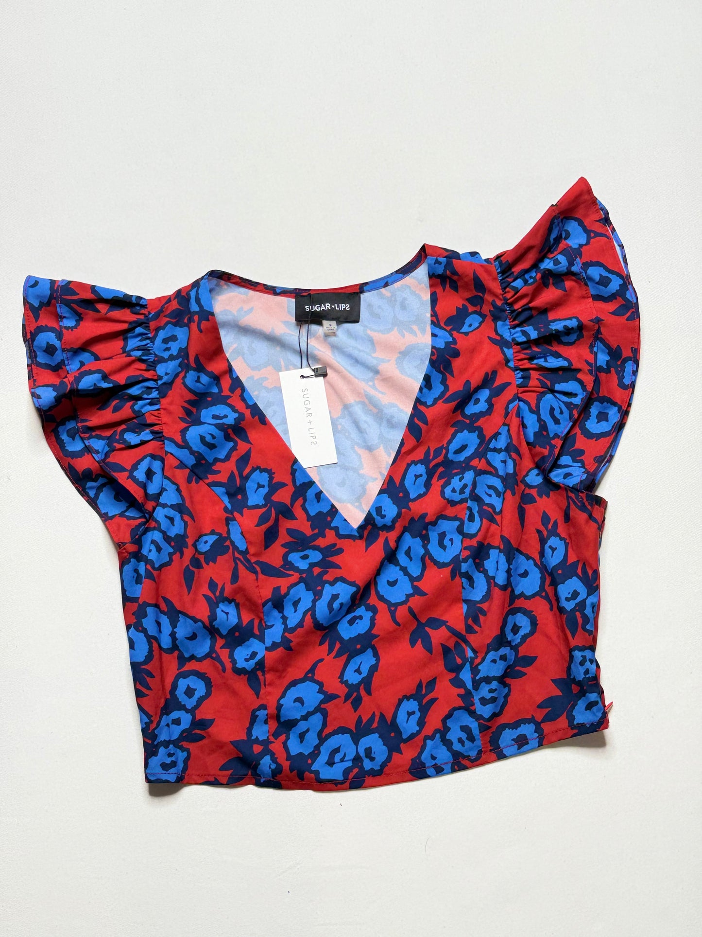 Sugar Lips Mira Mar Floral Ruffle Shoulder Crop Top – Red/Blue, Size S, NWT