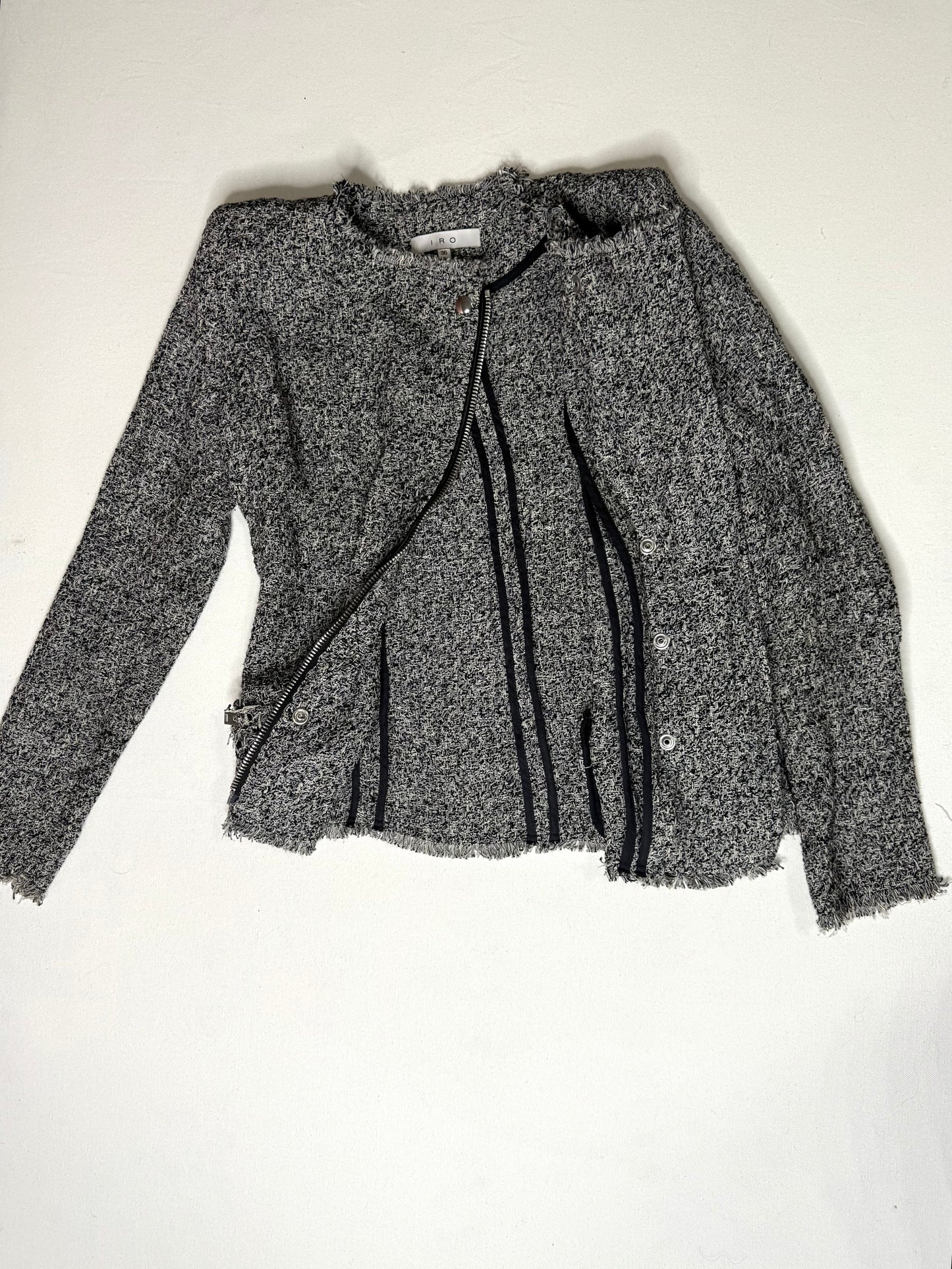 IRO Carlota Tweed Bouclé Asymmetrical Zip Jacket Gray Frayed Trim Size 36 (4)