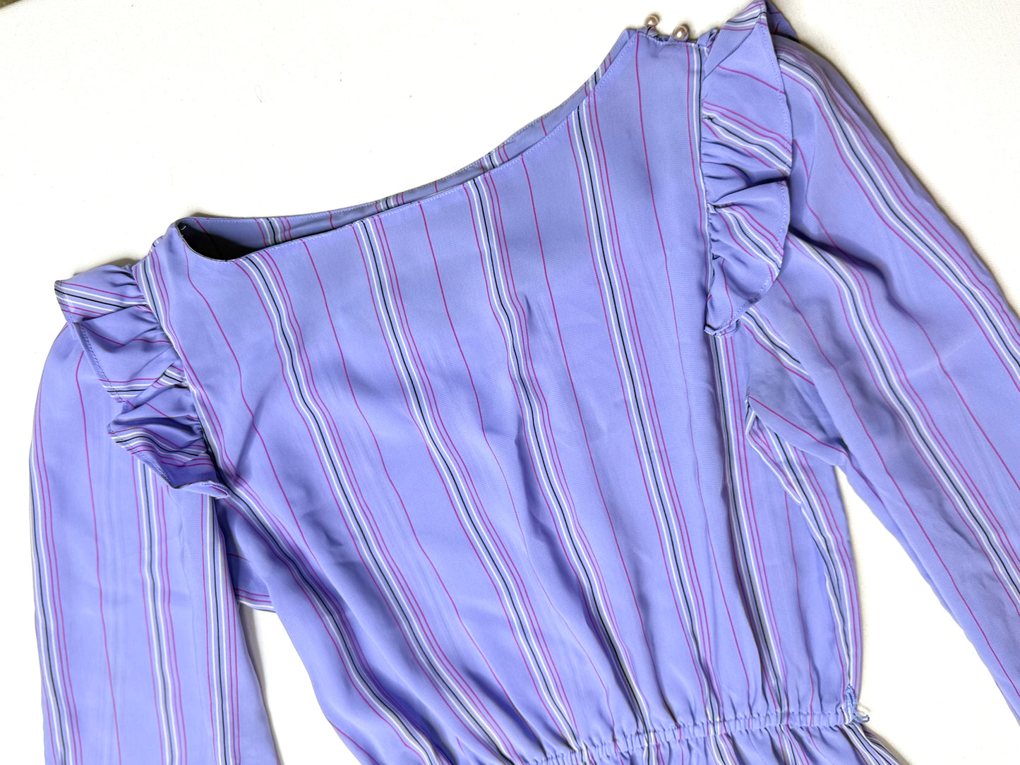 Vintage Charlee Allison Lavender Striped Ruffle Midi Dress – Size 7/8 – Long Sleeve Retro 70s Style