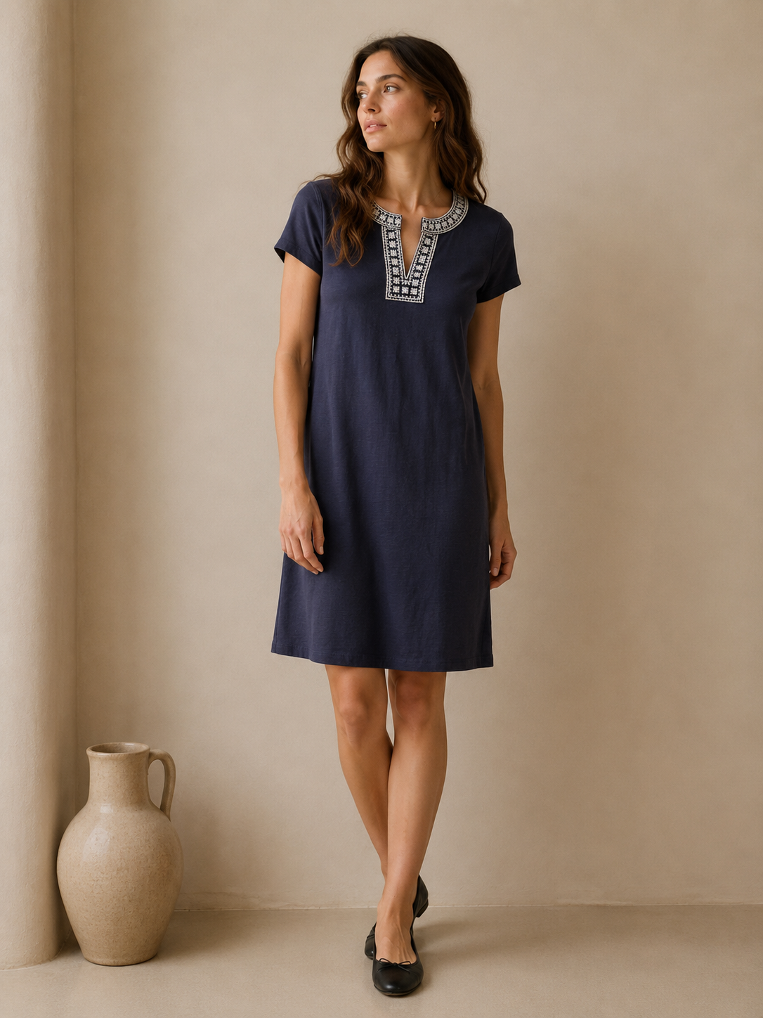 Talbots Navy Blue Cotton Embroidered  Shift Dress Size Small