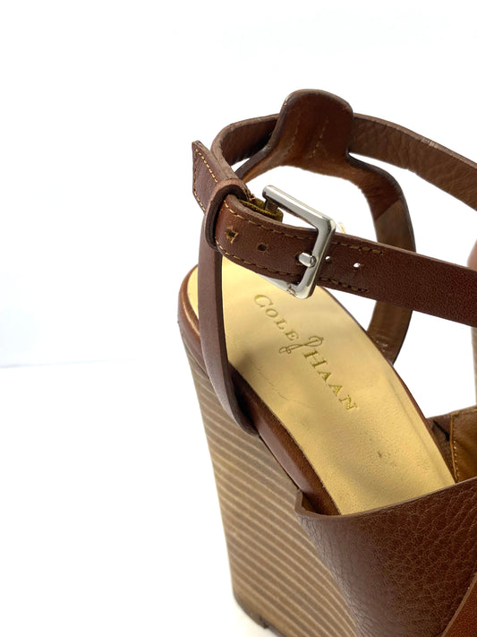 Cole Haan Brown Leather Wedge Sandals – Size 7.5 – Ankle Strap – Buckle Closure –