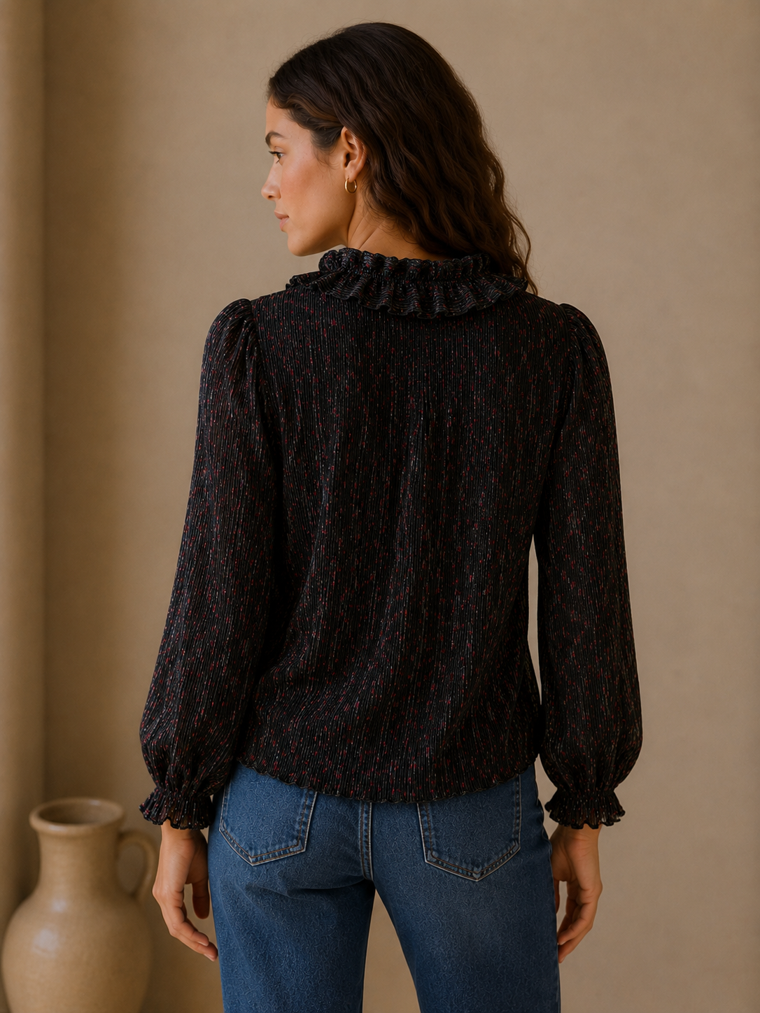 J.Crew Black Cherry Print Ruffle Neck Blouse Size Small Pleated Long Sleeve Top