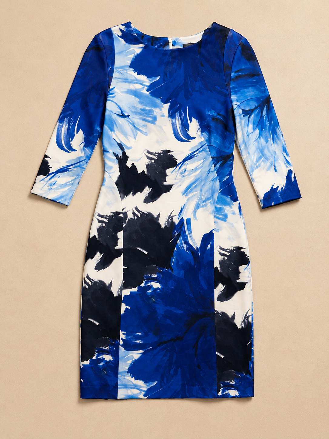 Zara Blue Floral Midi Sheath Dress Size Medium Abstract Print 3/4 Sleeve Occasion Dress