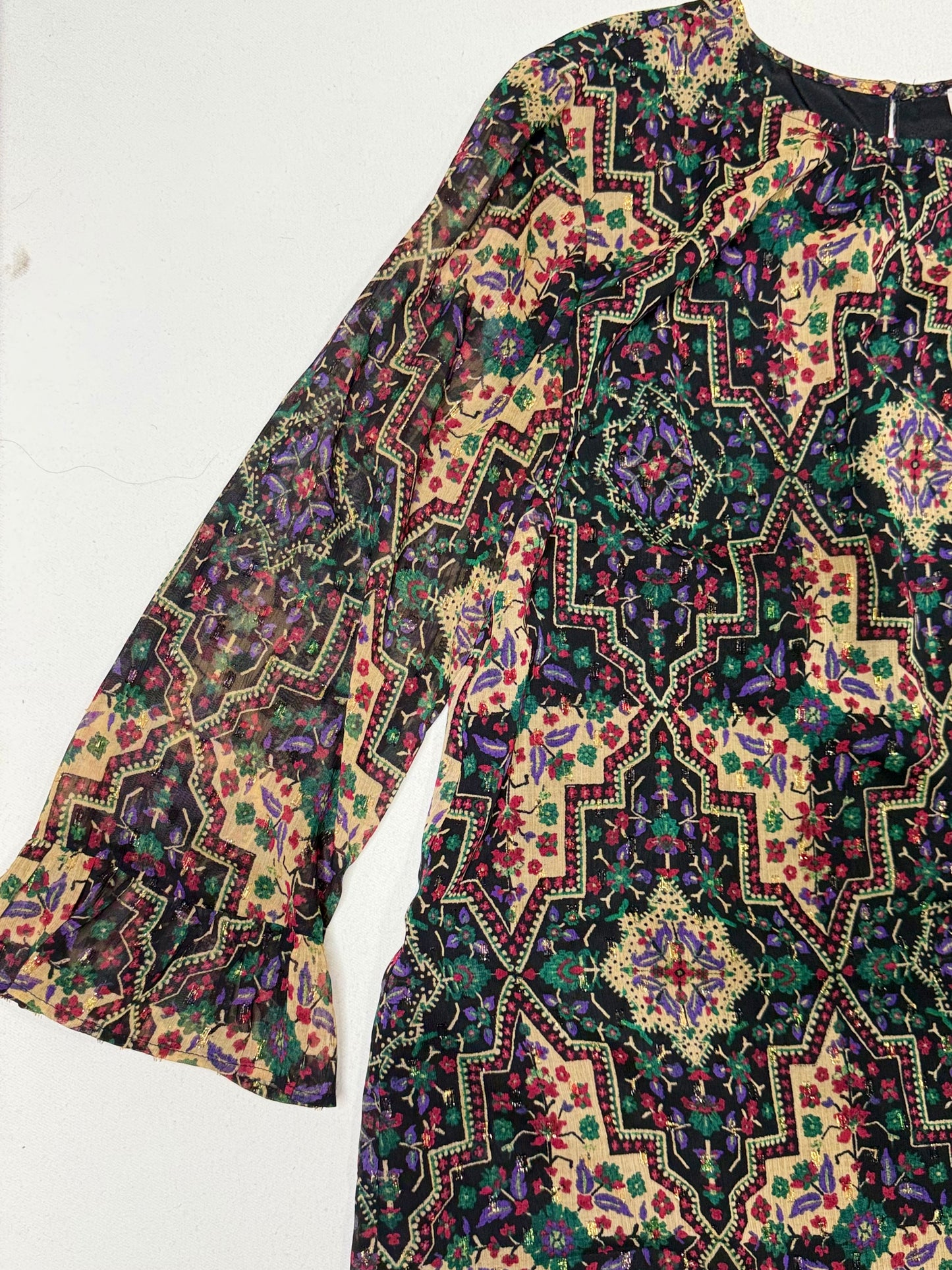 LOFT Boho Floral Geometric Print Drop Waist Dress Ruffle Hem Long Sleeve Size M
