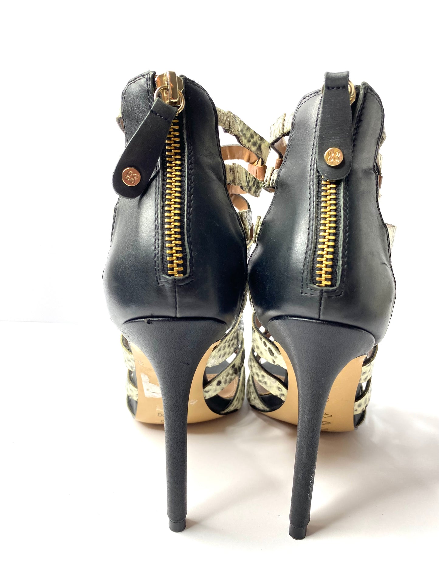 BCBG Snake Print Cage Leather Heels – Size 7.5 – 4” Cut-Out Stiletto Sandals