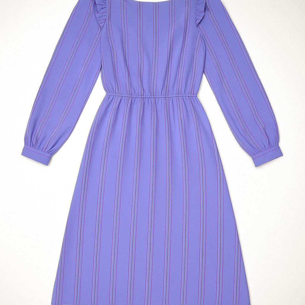 Vintage Charlee Allison Lavender Striped Ruffle Midi Dress – Size 7/8 – Long Sleeve Retro 70s Style