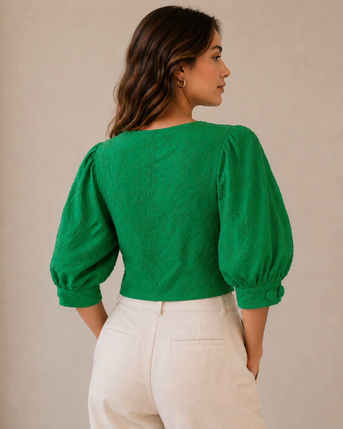 Zara Vibrant Green Embroidered Wrap Cropped Front Tie Blouse Size Medium