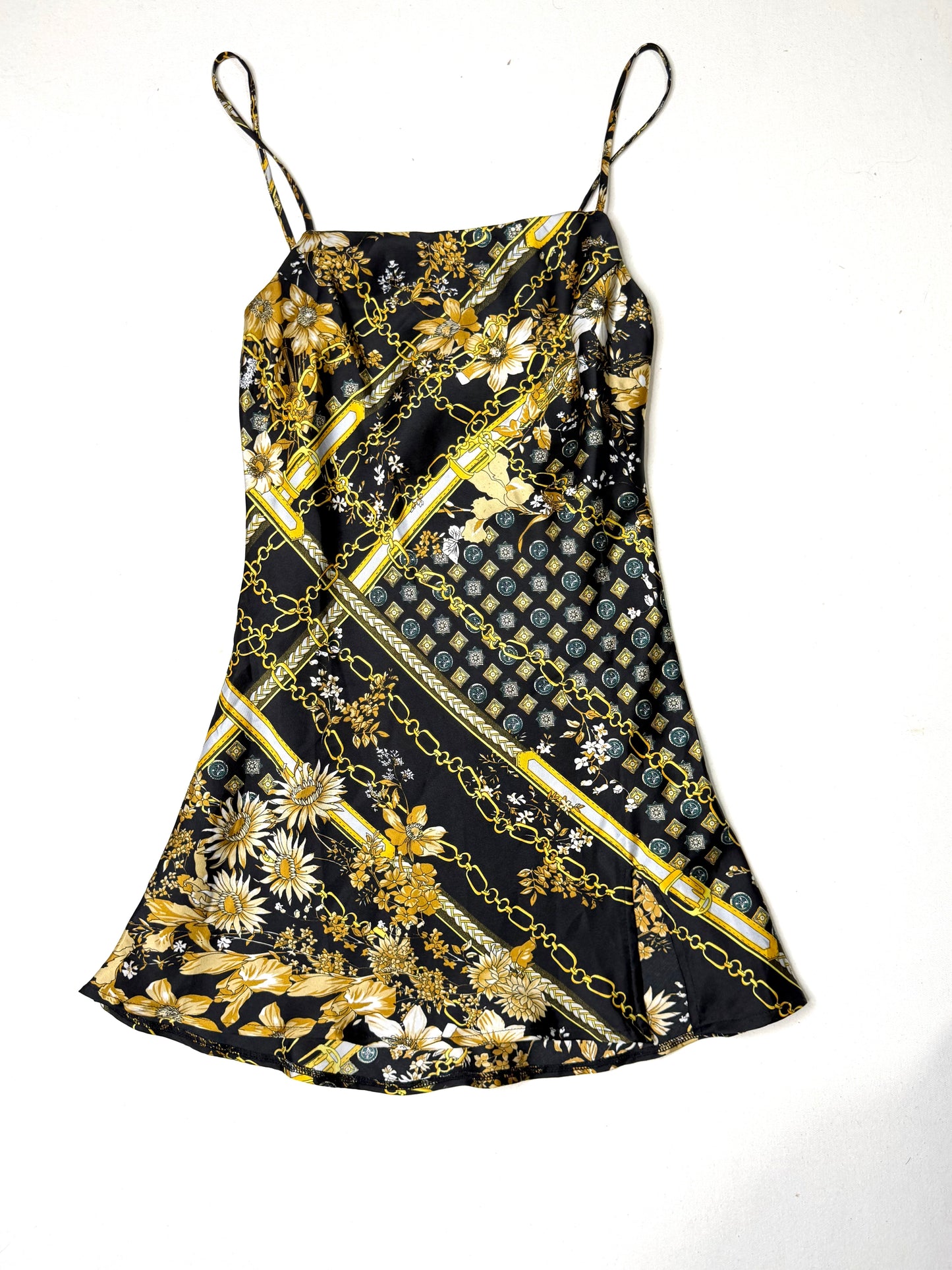 Princess Polly Black Gold Chain Floral Satin Mini Slip Dress  Y2K Baroque Party Size 2