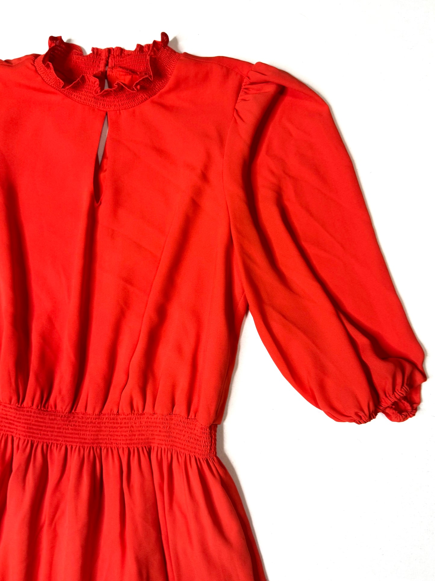 Nanette Lepore Red Ruffle Neck Fit & Flare Dress with Smocked Waist Size 8