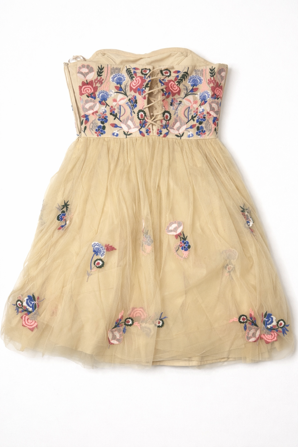 Anthropologie Geode Strapless Floral Corset Lace up Embroidered Tulle Dress Sz S