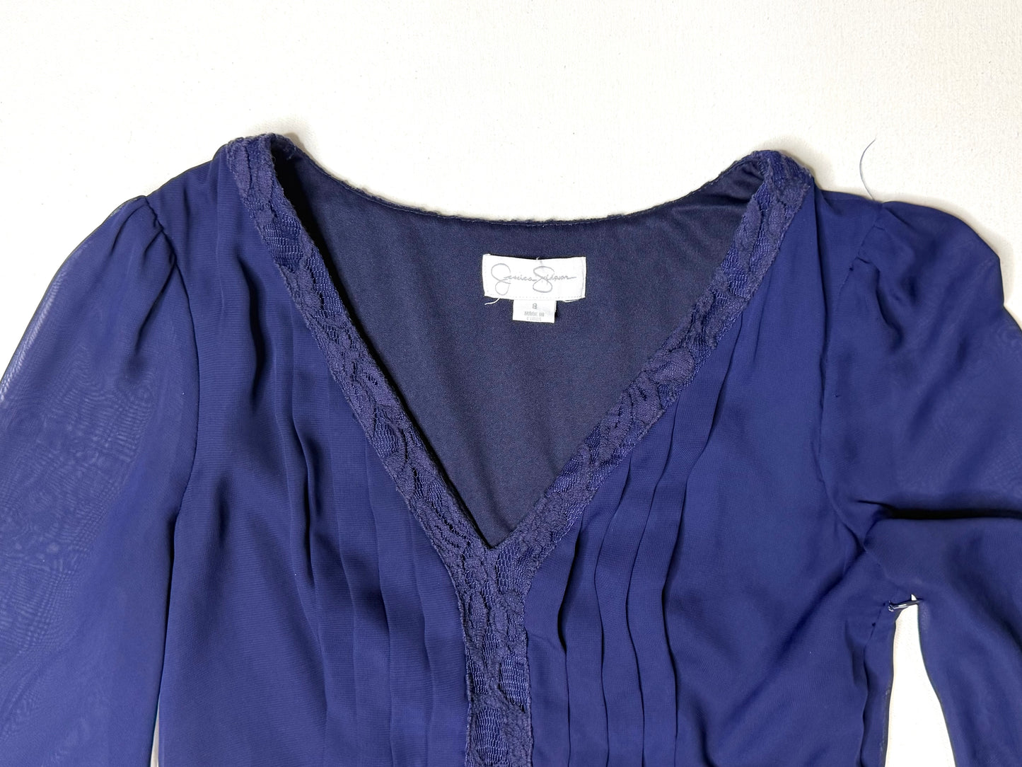 Jessica Simpson Blue Chiffon Lace Trim Mini Dress Pleated Long Sleeve Boho Sizer 8