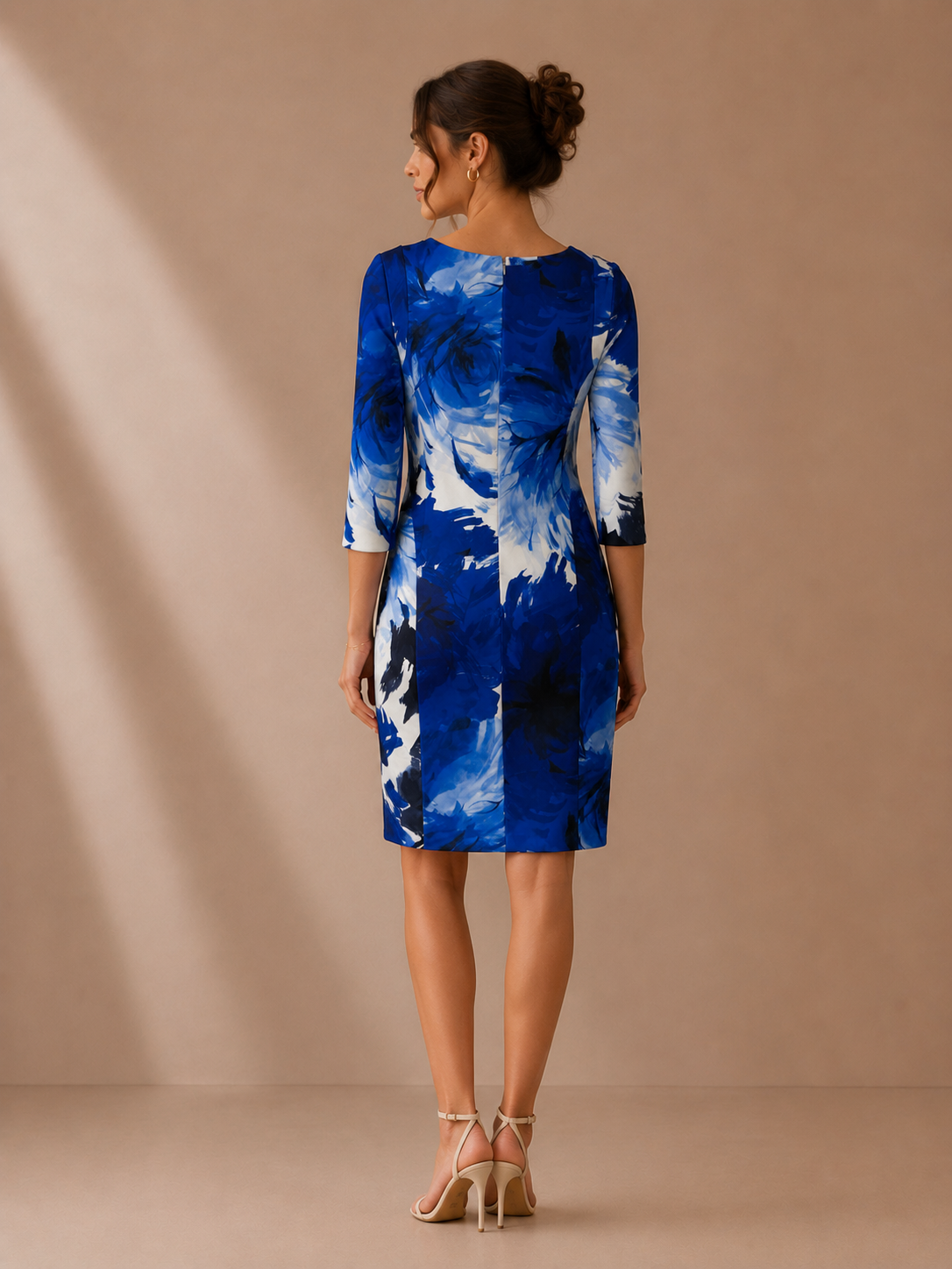 Zara Blue Floral Midi Sheath Dress Size Medium Abstract Print 3/4 Sleeve Occasion Dress