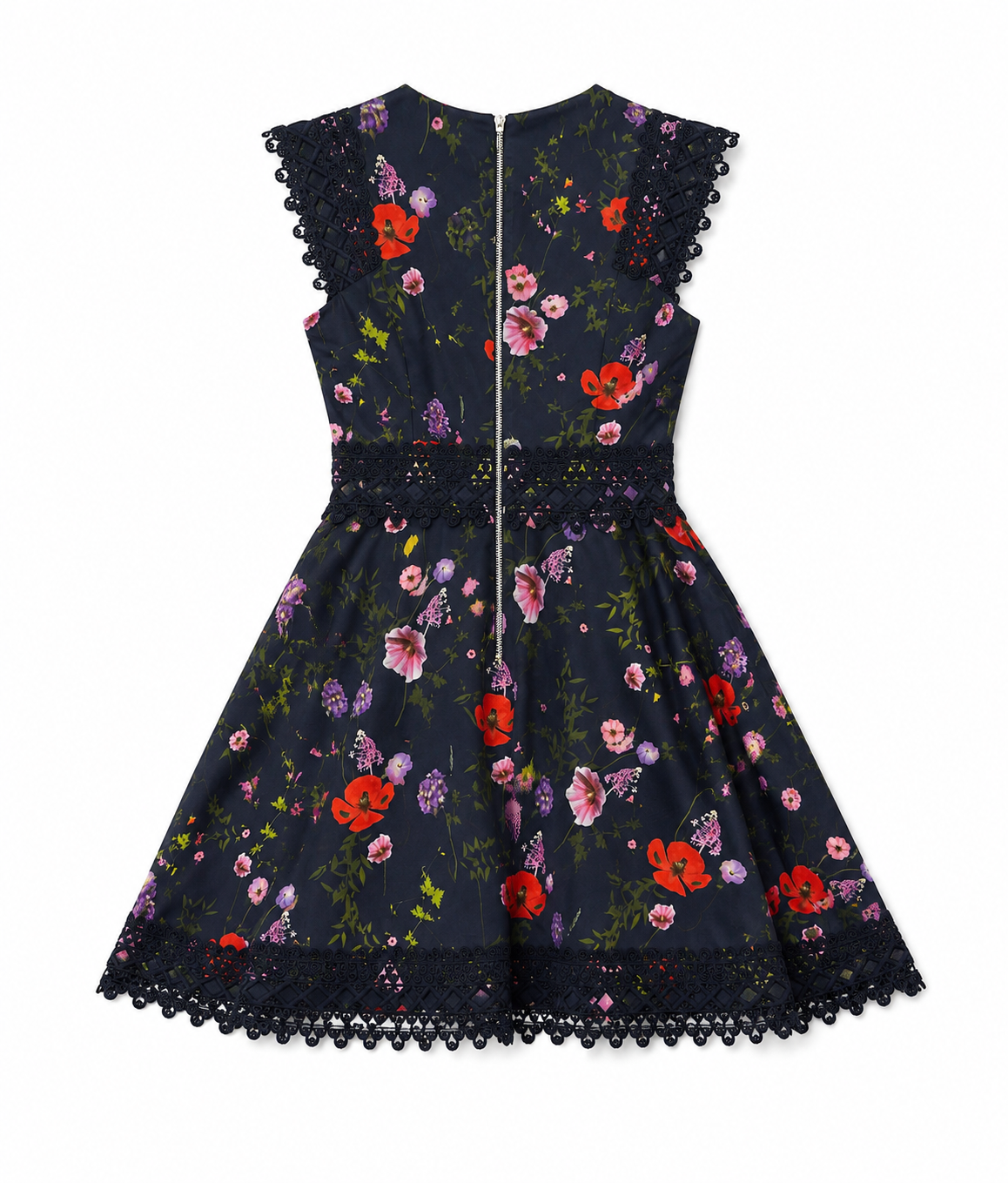 Ted Baker Blue Floral Print Plunge A-Line Dress Lace Trim w/Pockets Size 2