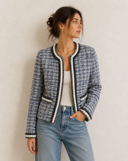 Boston Proper Navy Tweed Blazer with White Accents Open Front Size 2